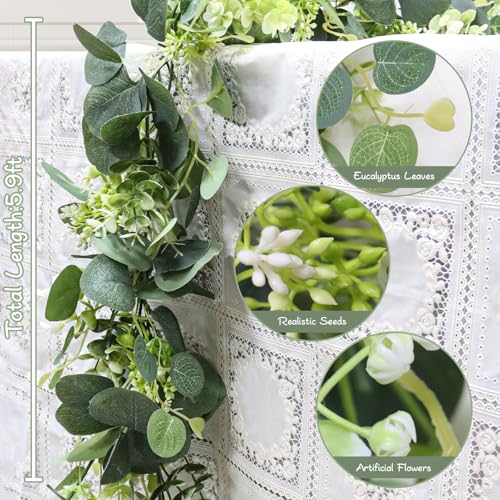 MAKHOT 5.9FT Eucalyptus Garland, Artificial Greenery Garland Flower, Green Garland Wreath Vines Decorations, Fake Silver Dollar Eucalyptus Leaves Vines for Table Home Wedding Mantle Party Decor - color: Green-1pcs