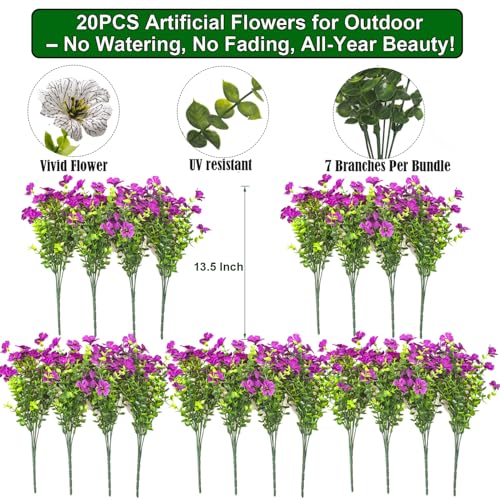 Grunyia 20 Bundles Artificial Flowers for Outdoors, UV Resistant Fake Plants Flowers Greenery Shrubs Plants for Decoration Outside Plants Hanging Planter Home Garden Decor (Fuchsia) - color: Fuchsia