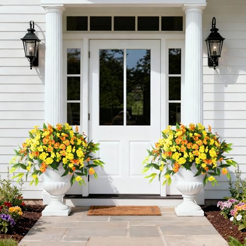 Hommyea Fall Artificial Flowers for Outdoor Fall Decor, 2 Bundles Fake Flowers UV Resistant Faux Silk Flowers No Fade Plastic Flowers for Outside Planters Home Porch Patio Yard Garden Decor - color: Orange Yellow