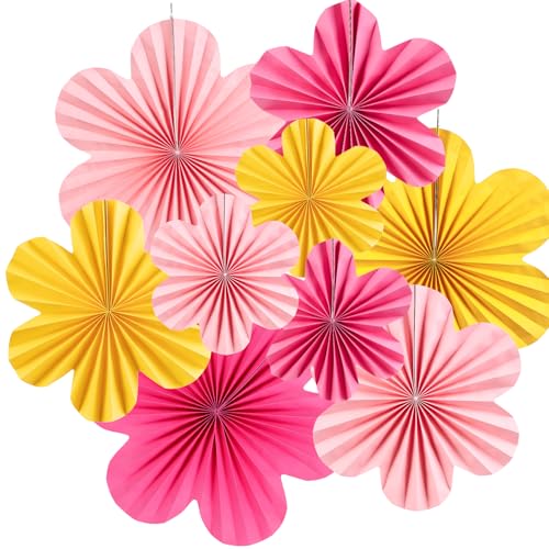 Easy Joy Paper Flowers Decorations for Wall Paper Fans Classroom Decoration Paper Floral Backdrop Decor Paper Fans Decoration Hanging Paper Fans Pink Flower Wall Decor, Set of 9 - color: Flower-1