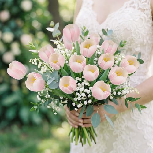 20pcs Fake Tulips Artificial Flowers PU Faux Tulip Stems Arrangement for Wedding Spring Bouquet Easter Valentine's Gift Home Party Table Office Decor (Pink) - color: Pink