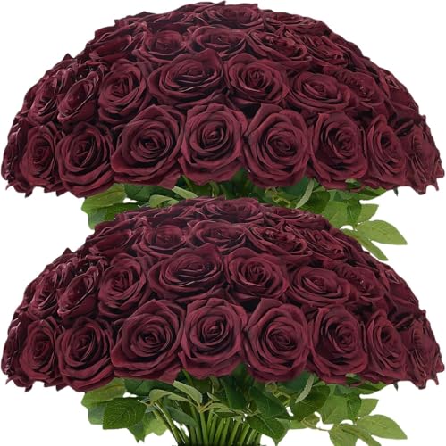 100pcs Burgundy Roses Artificial Flowers, Wine Red Artificial Flowers Bulk Realistic Silk Faux Roses with Stems for Wedding Table Centerpieces Bridal Bouquet DIY Floral Arrangement Event Party - color: Burgundy