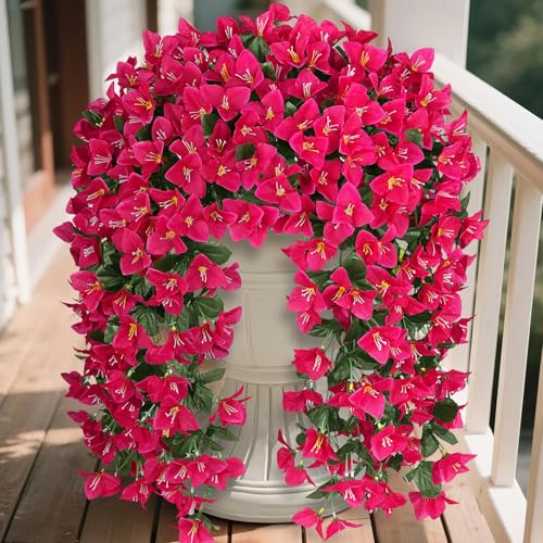 Artificial Bougainvillea Flowers Plants for Outdoors Decoration, 2 Pcs Faux Silk Flowers Long Trailing Fake Vines for Front Door Porch Planter Balcony Patio Summer Spring Home Decor, Hotpink - color: Hotpink