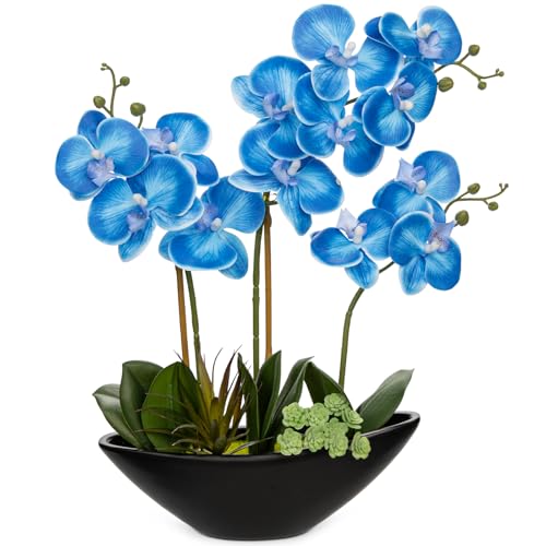 Briful Blue Orchid Fake Flowers 17in Artificial Orchid Silk Flowers in Black Pot Faux Orchid Arrangement for Home Office Bathroom Table Shelf Modern Decoration - color: Blue Black