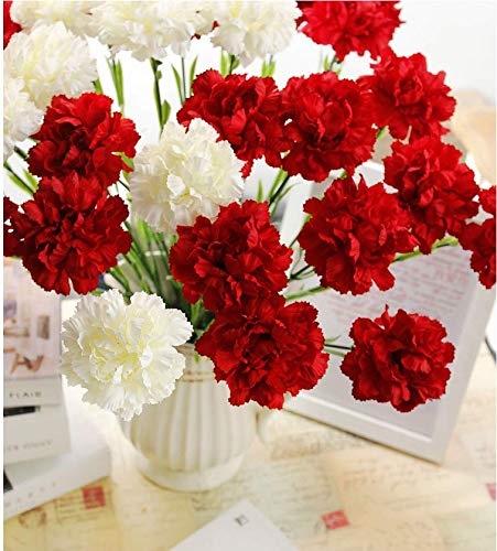 10 Bunches Bouquet of White Artificial Silk Flower Carnations,Single Flower Head 20 Inch Bouquet and Green Leaf for Party,Home Decor Bridal Wedding Holding Flowers Decoration - color: White