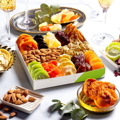 NUT CRAVINGS - Dried Fruit & Mixed Nuts Gift Basket in White Gold Box (12 Assortments) Food Arrangement, Healthy Snack Care Package, - style: 7. Elegant Gift Box - (12 Piece Assortment)