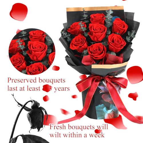 Preserved Flowers Bouquet 7 Roses, Forever Flower for Delivery Birthday Anniversary Wedding, Eternal Real Roses Bouquets with Gifts Box for Women Wife Mother Day, Red - color: Red
