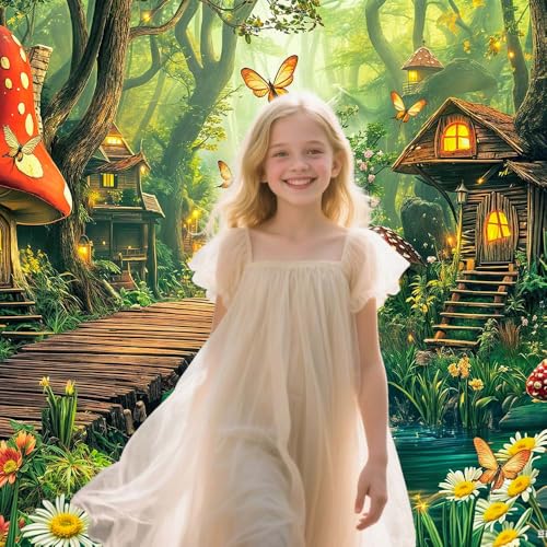 Spring Enchanted Forest Backdrop Green Fairy Tale Mushroom House Wonderland Jungle Photography Background Baby Shower Birthday Party Decorations Banner Photo Booth Props 5X3FT - color: Multi, size: 5X3FT