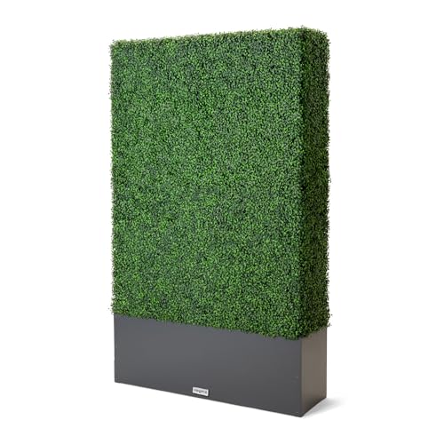 Artificial Boxwood Hedge Wall with Dark Grey Planter Box, Greenery Fake Faux Grass Panels Backdrop Divider 48" WX79 HX14 D - size: 48"WX79"HX14"D