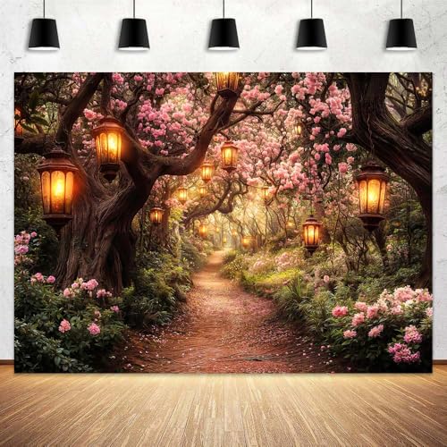 Pink Spring Enchanted Forest Backdrop, Cherry Blossom Road Fairy Tale Wonderland Garden Photography Background for Kids Girls, Baby Shower Birthday Party Decoration Cake Table Photo Booth Props 5X3FT - color: Pink, size: 5X3FT