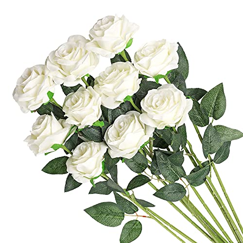 Veryhome Artificial Flowers Silk Roses Fake Bridal Wedding Bouquet for Home Garden Party Floral Decor 10 Pcs (White Curved stem) - color: Blooming Rose - White