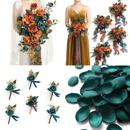 Ling's moment Wedding Artificial Flowers Package, Bridal Bouquet, Bridesmaid Bouquets, Boutonniere for Men, Rose Petals.Dark Teal Burnt Orange - color: Or-dark Teal & Burnt Orange