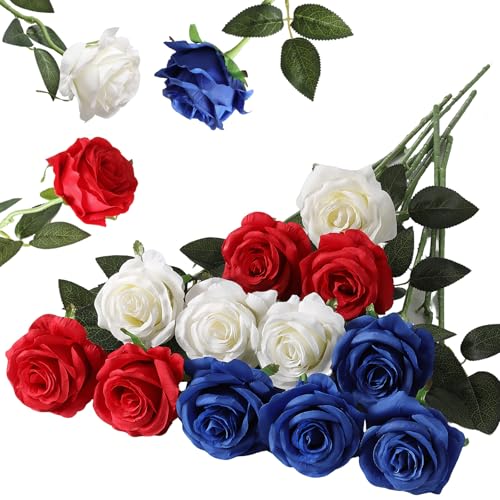 Hawesome 12PCS Artificial Silk Flowers Realistic Roses Bouquet Long Stem for Home Wedding Decoration Party (Red, White, Blue, 12Pcs Flowers) - color: Red, White, Blue, size: 12Pcs Flowers