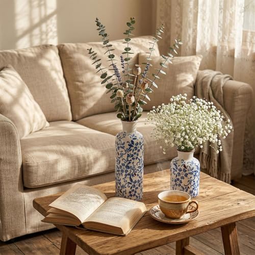 Chinoiserie Decor Ceramic Vases Set - 3 Blue and White Vase, Chinoiserie Vase Farmhouse Country, Flower Vases Home Decor, Living Room Decoration, Entrance, Fireplace, Table Decoration, Centerpieces - color: Blue Floral