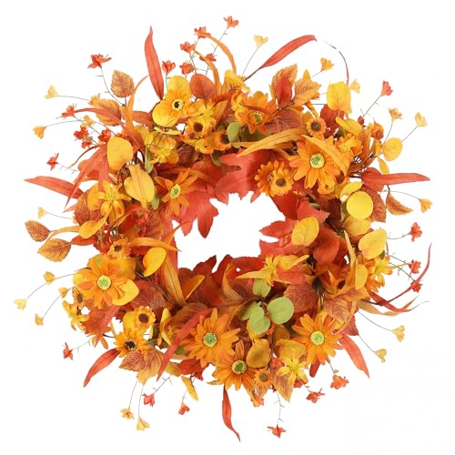 20" Fall Wreath Front Door Artificial Daisy Wall Decor Farmhouse Autumn Wreath Thanksgiving Home Porch Outdoor Indoor Holiday Harvest Decor - color: Gold, size: 20''
