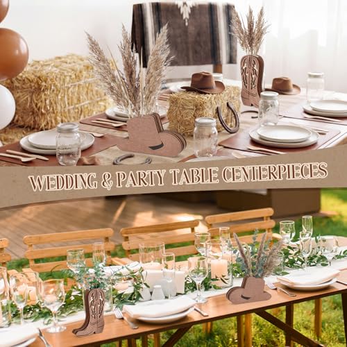 LemonRoad 6 Pcs Wooden Cowboy Boot Hat Vases for Wedding Small Cowboy Boot Flower Vase for Flower Faux Greenery Rustic Western Decor for Table Centerpiece Weddings Party(Brown) - color: Brown, size: Boot,Hat