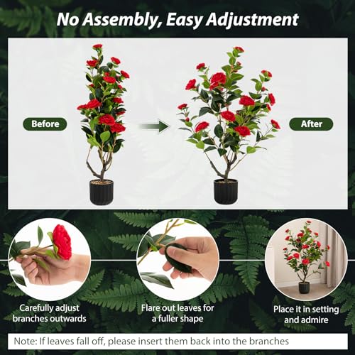 Goplus 38’’ Artificial Camellia Tree, Flower Plants Artificial Tree, Faux Floral Plant Blooming Tree in Cement Pot, Greenery Potted Plant for Indoor Outdoor Office Home Porch Decor - color: Red, size: 3ft 2in