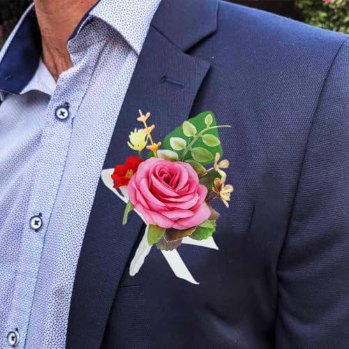 Bride Wedding Flower Boutonniere Red Rose Groom Buttonholes Prom Suit Decoration for Men and Groomsmans (Pink) - color: Pink