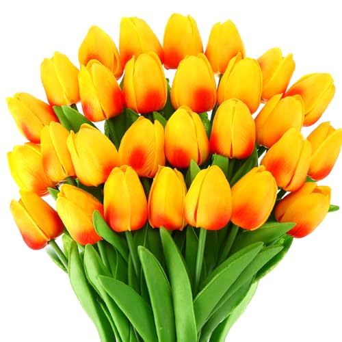 Lyrow 30 Pcs Tulips Artificial Bouquet Flowers Faux Tulips for Home Kitchen Wedding Decorations,Gift Idea for Easter Decor Mother's Day Birthdays(Gold Yellow) - color: Gold Yellow