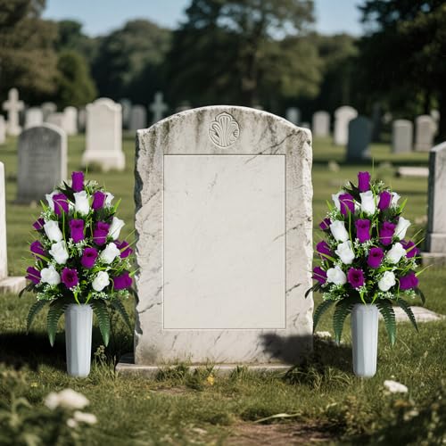XONOR 2 Sets Artificial Cemetery Flowers, Grave Decorations Roses, Memorial Flowers Bouquet with Vase for Grave Cemetery Decoration (Purple Red&White) - color: Purple Red&white
