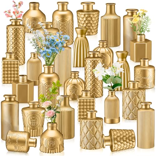 Yaomiao 30 Pcs Vases Bulk Colored Flower Glass Bud Vases Valentine Vintage Colored Glass Bottles Colorful Rustic Embossed for Home Wedding Table Decorations Gifts - color: Gold Series