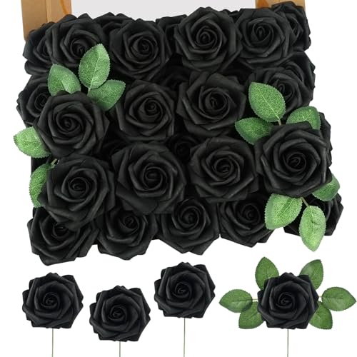MACTING 60PCS Black Artificial Flowers Real Touch Fake Flowers with Stem Foam Roses for DIY Wedding Bouquets Table Centerpieces Bridal Shower Party Holiday Home Valentines Day Decorations - color: Black, size: 60PCS