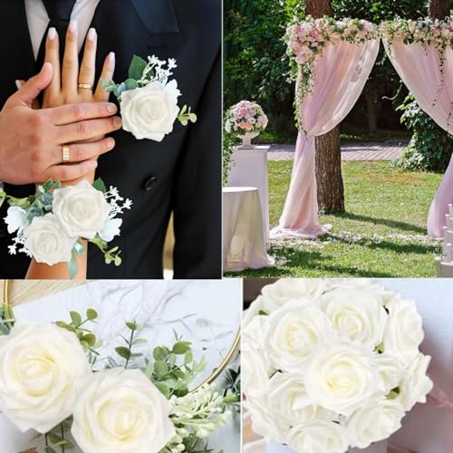 Artificial Flowers Roses with Stems for DIY Wedding Christmas Tree Bouquet Baby Shower Centerpiece Floral Arrangement Party Home Decor Mothers Day Decorations (White, 50) - color: White, size: 50