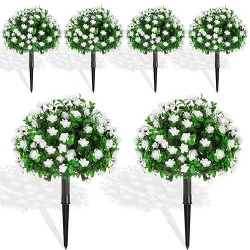 Yunlly Set of 6 Artificial Boxwood Topiary Ball Tree 16 Inch Outdoor Topiary Tree with Flower Fake Bushes, UV Resistance Faux Shrubs Evergreen Plant with Spike for Front Porch Indoor Decor (White) - color: White