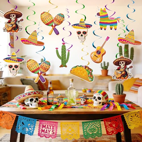 24Pcs Cinco De Mayo Hanging Decorations, Mexican Fiesta Party Ceiling Streamers Cutouts, Mexican Theme Hanging Swirls for Taco Birthday Party Home Office Classroom Ceiling Decoration Baby Shower - color: Yellow