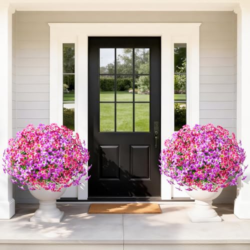 MARTINE MALL 12 Bundles Look Real Artificial Flowers for Outdoors, Realistic Fake Outdoor Flowers, UV Resistant Silk Petunia Flowers for Outside Faux Flowers for Outdoor Garden, Fuchsia & Rose Red - color: Mixed Fuchsia & Rose Red, size: 12 Bundles