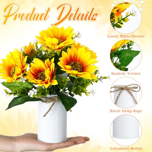 SiliFine 12 Sets Sunflowers Centerpieces for Tables Artificial Sunflower with Vase Rustic Yellow Fake Flower for Wedding Decor Spring Summer Picnic Centerpieces Home Kitchen Shelf Decor (White) - color: White