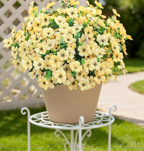 Artificial Outdoor Flowers 16 Bundles UV Resistant Fake Mums Flowers Plants for Decoration Indoor Outdoor Window Box Hanging Planter Home Porch Decor Plastic Faux Flowers (Yellow) - color: Yellow