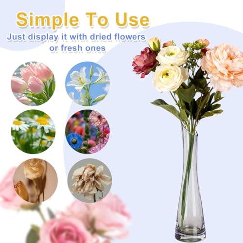 Hand-Made Blown Art Bud Glass Vase Transparet Gray Small Glass Vase Glass Flower Vase Heavy Base Single Stem Flower Drop Vase for Home Wedding Decor (Oblique Mouth-23cm)