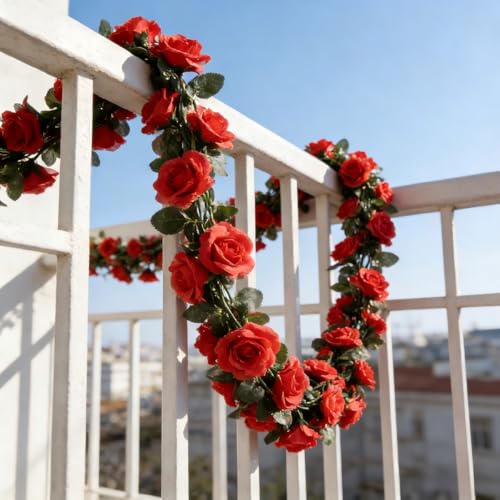 Artificial Flower Garland 90.5 Inch/230CM - Fake Roses Vines Floral Vines, Silk Faux Plastic Hanging Floral Garland for Wedding Arch, Bedroom, Home Wall, Backdrop, Outdoor & Indoor Decor (Red) - color: Red