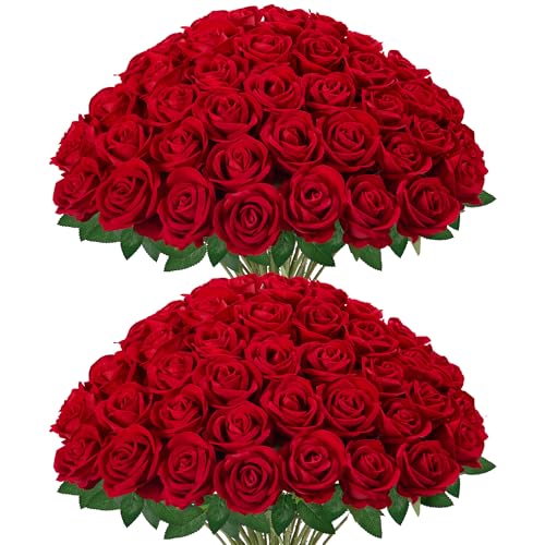 InnoGear 50 Pcs Red Roses Artificial Flowers, Fake Velvet Silk Rose Bulk Faux Flower for Mother's Gift Decoration DIY Wedding Centerpieces Proposal Bridal Bouquets Party Floral Decor (50, Red) - color: Red