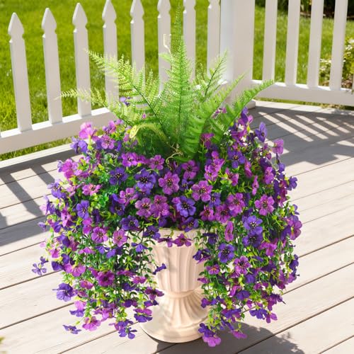 ZFProcess Artificial Fake Hanging Flowers for Outdoors, Silk Daisy with Articial Boston Ferns Plants Set, Realistic Spring Fake Outdoor Flowers UV Resistant Porch Patio Yard Decor - color: Double Purple Daisy With Fern
