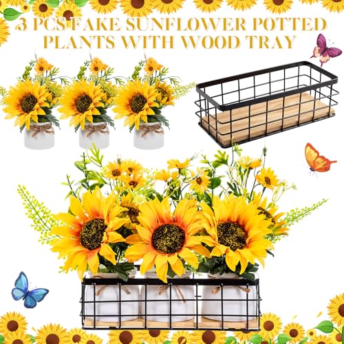 AceOrbit 3 Pcs Artificial Sunflower Potted Plants with Wire Tray Farmhouse Faux Sunflowers for Kitchen Table Centerpieces Fake Yellow Flowers in Rustic Pots for Dining Home Bathroom Wedding (Trendy) - style: Trendy