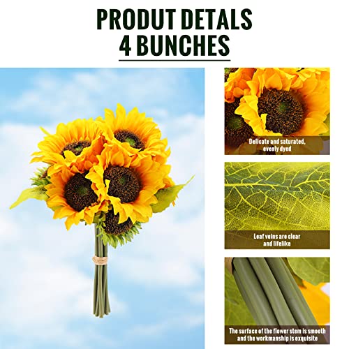 36 Pcs/ 4 Bunches Artificial Sunflower Bouquets Fake Sunflowers with Stems Large Faux Sunflowers Bulk Bride Holding Flowers for Wedding Home Baby Shower Birthday Party DIY Garden Outdoor Indoor Decor