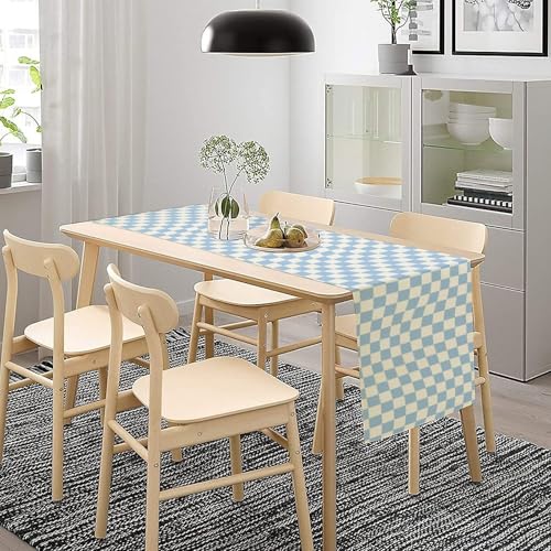 Groovy Hippie Table Runner Vintage Geometric Trendy Wavy Blue Checkered Dinner Runner for Country Farmhouse Kitchen Party Holiday 36X13inch - color: Checkered-3, size: L36"x W13"