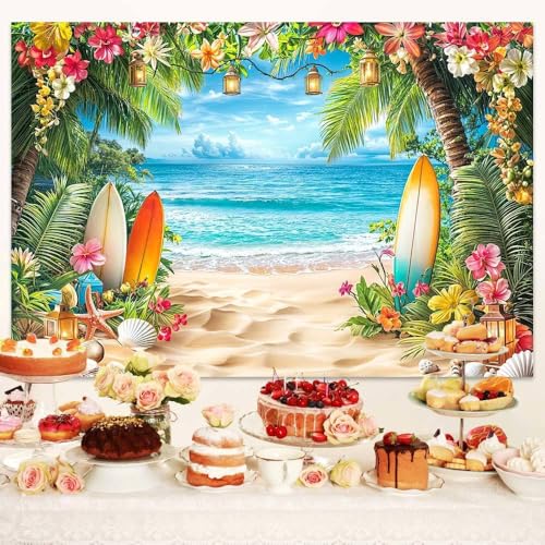 Summer Beach Ocean Backdrop, Tropical Hawaiian Palm Trees Flower Photography Background, Blue Sea Sky Luau Aloha Party Wedding Baby Birthday Bridal Shower Decoration Banner Photo Booth 5X3FT - color: Yellow, size: 5X3FT