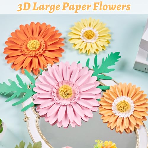 SUNBEAUTY Large Paper Flower Decoration for Wall 3D Large Paper Flower Pink Orange Daisy with Green Leaves Artificial Flower Wall Hanging for Classroom Bulletin Board Office Garden Tea Party Birthday - color: Daisy Flower-pink,orange