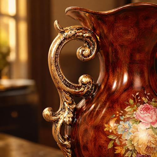 Artificial Flowers in Vase, 20.4" Tall Faux Silk Rose Arrangement, Vintage European Wood Grain Resin Vase, Luxury Indoor Table Centerpiece for Living Room Dining Wedding Decor - color: Gold & Red, size: 20.4'' Height