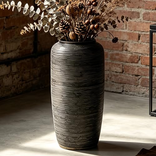 15.7 Inch Rustic Ceramic Large Floor Vase, Ribbed Textured Rustic Farmhouse Vase for Pampas Grass, Living Room & Entryway Décor, Handmade Ceramic Accent - size: 15.7 Inch