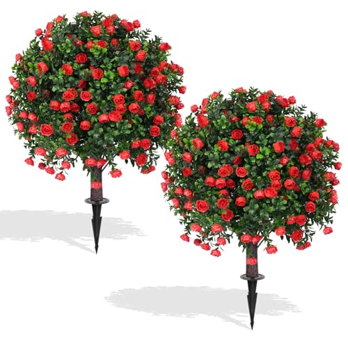 Artificial Boxwood Topiary Ball Trees with Red Rose, 2 Set of 16'' UV Resistant Fake Evergreen Shrubs Bushes Plants with Ground Spike Fake Plants for Outdoor Indoor Front Porch Garden - color: Red Rose