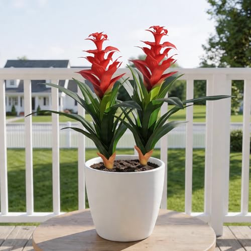Ivydale Fake Flowers Plants for Outdoors, 2 Pcs 16.93" Bromeliad Artificial Flowers Uv Resistant Realistic Faux Flowers for Outdoor Planters Outside Porch Patio Yard Garden Indoor Decoration(Red) - color: Red