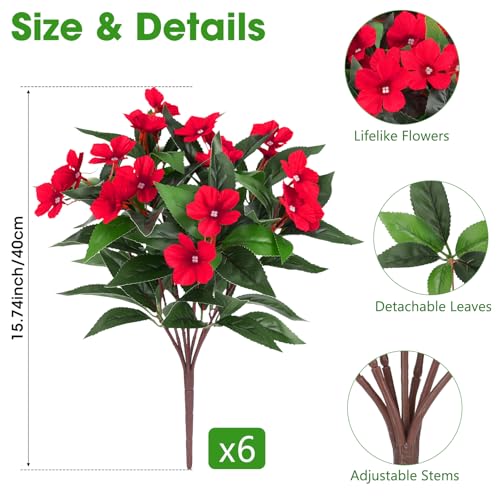 6 Pcs Artificial Flowers for Outdoors Fake Silk Periwinkle Flowers Faux Plants UV Resistant Bouquet Decorations for Planters Spring Summer Garden Porch Patio Window Box Balcony Home, Red - color: Red
