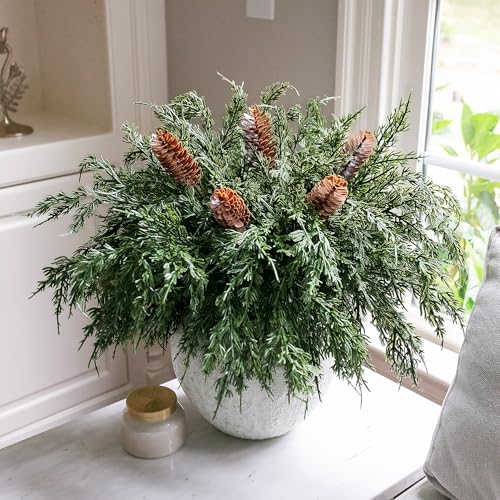 Cedar Stems Artificial Norfolk Pine Branches for Christmas Decor, 12 PCS Fake Pine Stems with 5 PCS Big Pine Cones Branches Realistic Fake Plants Faux Greenery for Vases DIY Garland Xmas Table Indoor - color: 12 Pcs Cedar Stems, 5 Pcs Big Pinecones Stems