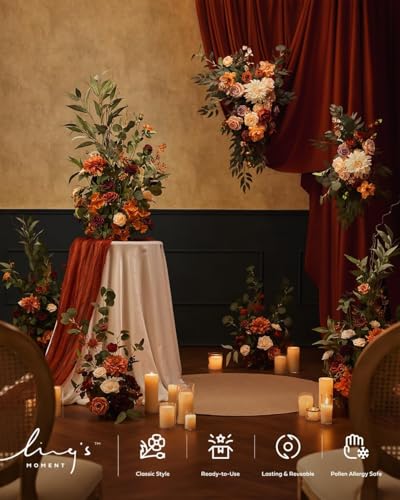 Ling's Moment 36" Tall Fall Free Standing Artificial Flowers Arrangements 2 pcs Wedding Arch Altar Stage Decorations Sunset Terracotta For Ceremony Reception Church Backdrop Outdoor Aisle Floral Party - color: Or-terracotta & Orange