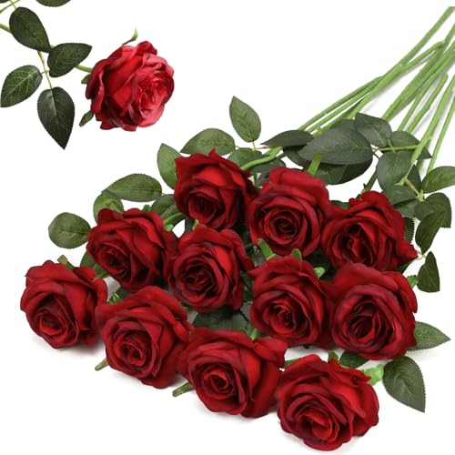 Hawesome 12PCS Artificial Silk Flowers Realistic Roses Bouquet Long Stem for Home Wedding Decoration Party (Burgundy, 12Pcs Flowers) - color: Burgundy, size: 12Pcs Flowers