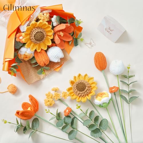 Crochet Flower Bouquet,Orange Knitted Flowers, Handmade Sunflowers Tulips Roses Bouquet for Valentine Day Birthday Anniversary Party Mother's Day Graduation Gifts(with Card) - color: Orange